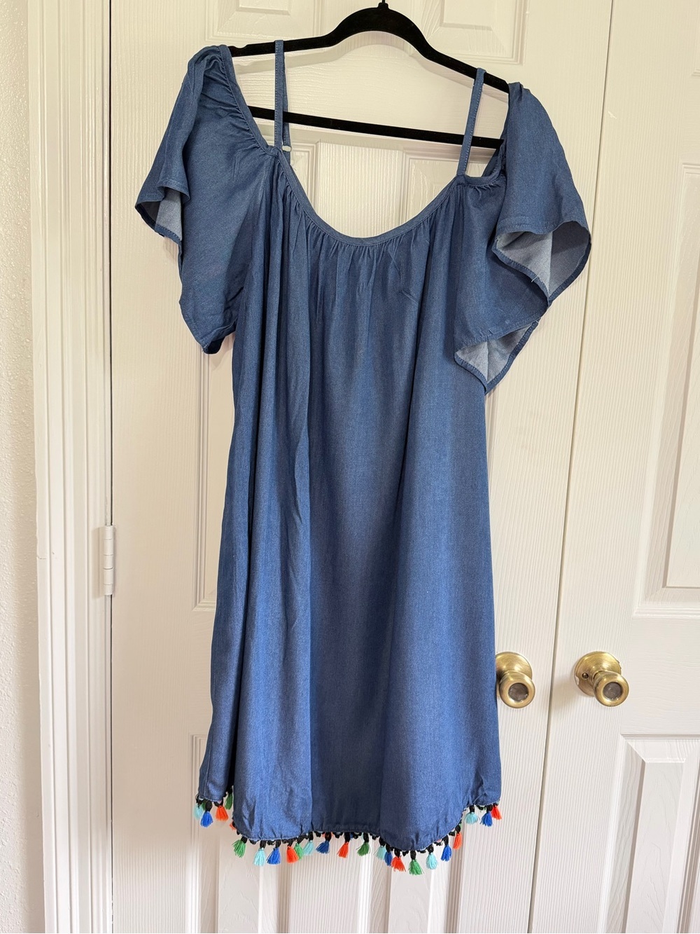 Tiana B Womens 18W Chambray Blue Tassel Hem Dress Off Shoulder Boho Plus Size